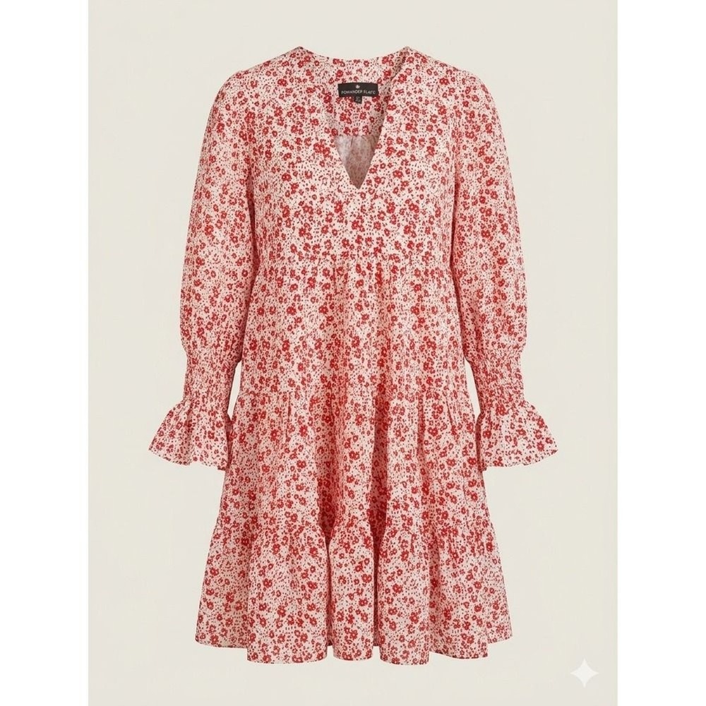Tuckernuk brand Pomander Place Red Floral Tiered Dress Smocked Cuff  - Size XS